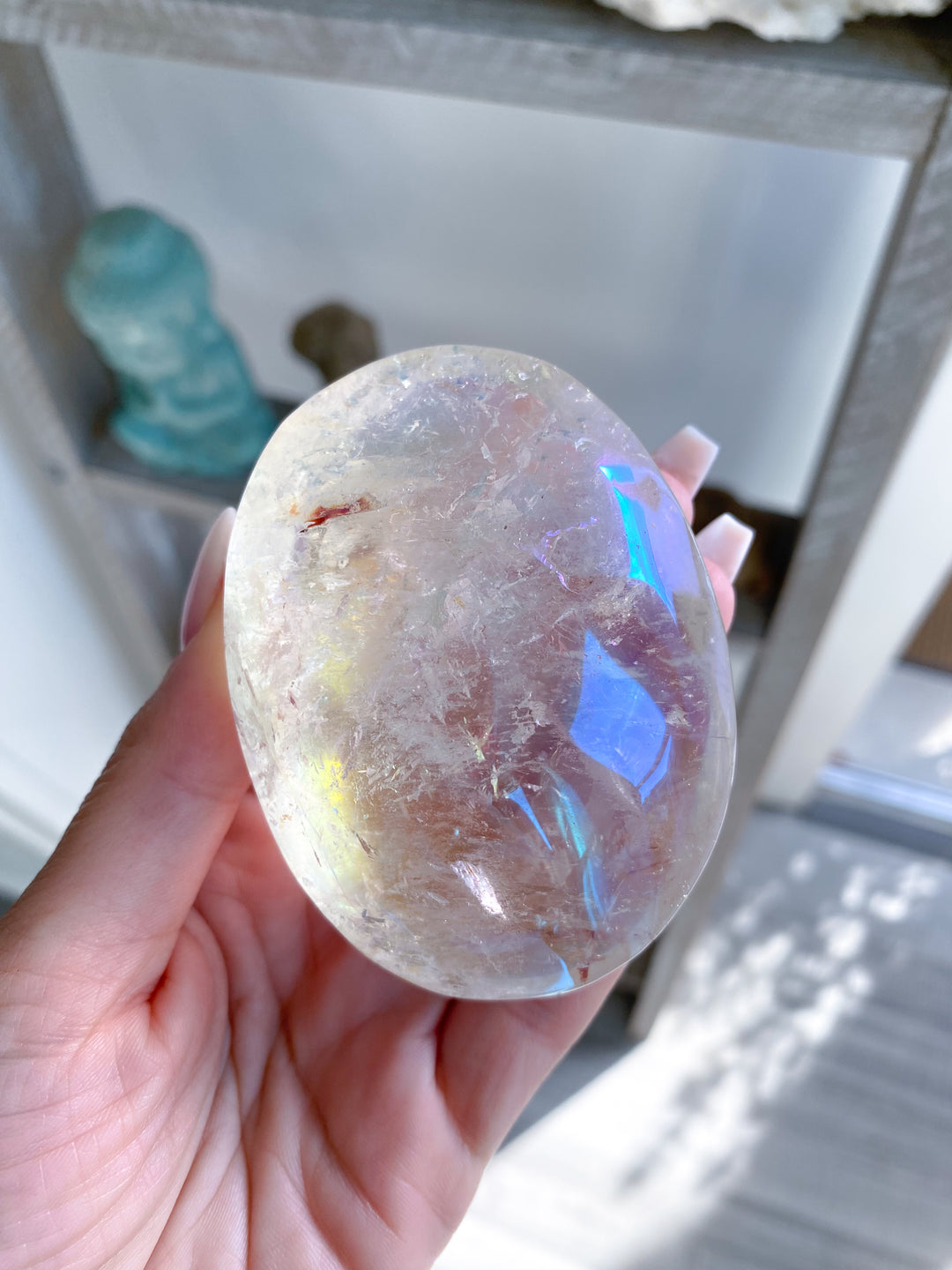 Jumbo Angel Aura Clear Quartz Palm Stone #2 - Inclusions