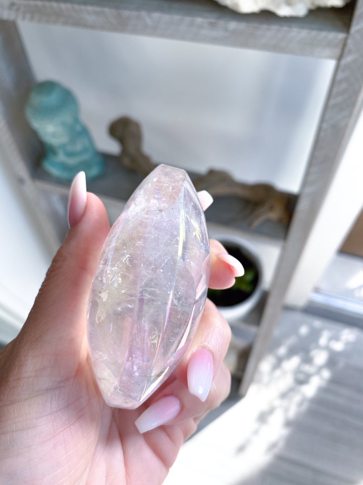 Jumbo Angel Aura Clear Quartz Palm Stone #2 - Inclusions