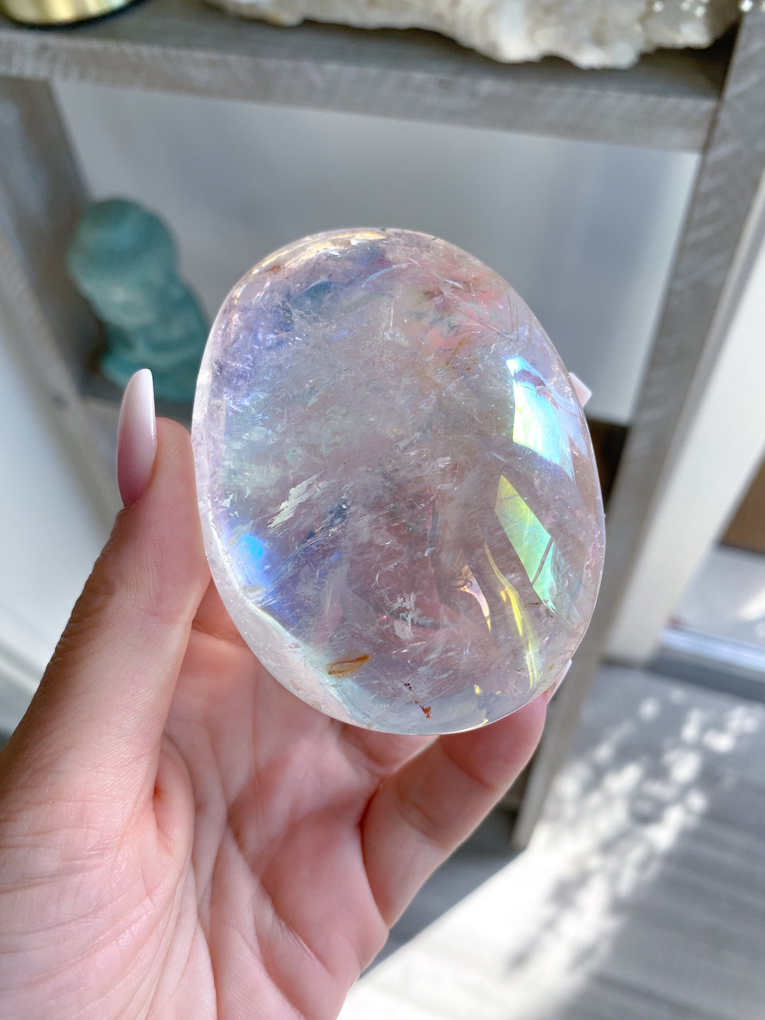 Jumbo Angel Aura Clear Quartz Palm Stone #2 - Inclusions