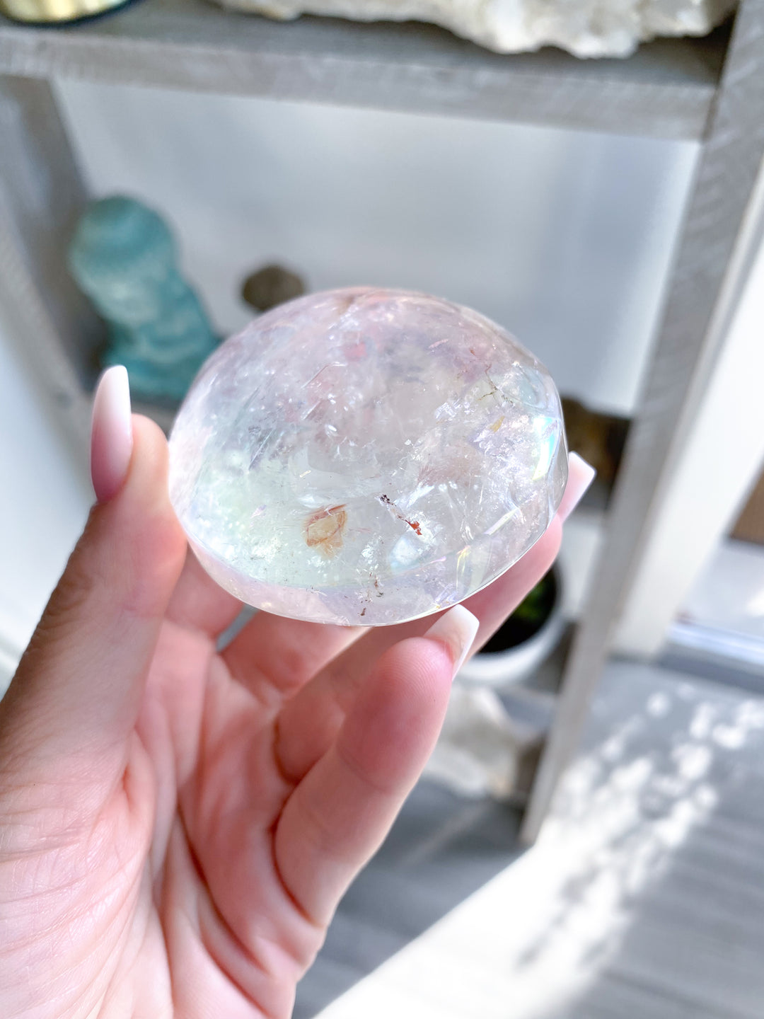 Jumbo Angel Aura Clear Quartz Palm Stone #2 - Inclusions