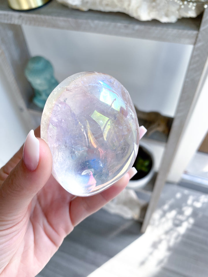 Jumbo Angel Aura Clear Quartz Palm Stone #2 - Inclusions