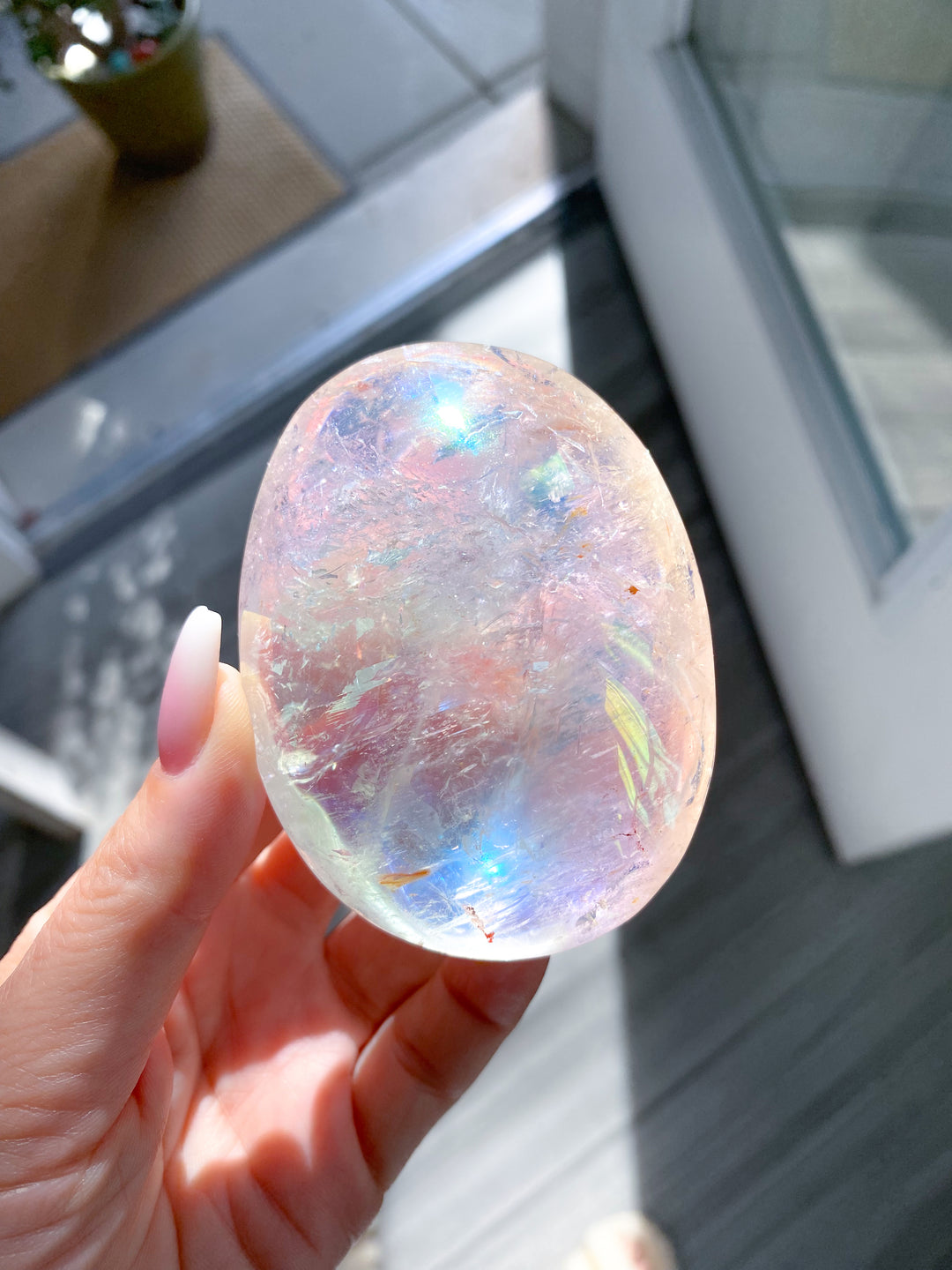 Jumbo Angel Aura Clear Quartz Palm Stone #2 - Inclusions