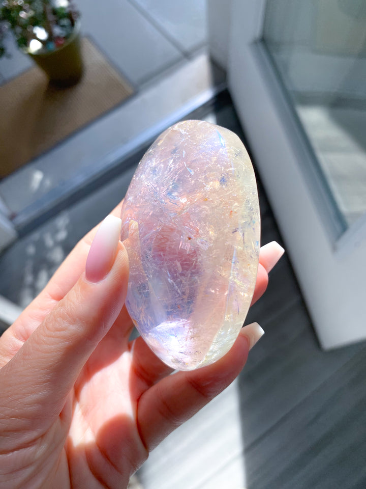 Jumbo Angel Aura Clear Quartz Palm Stone #2 - Inclusions