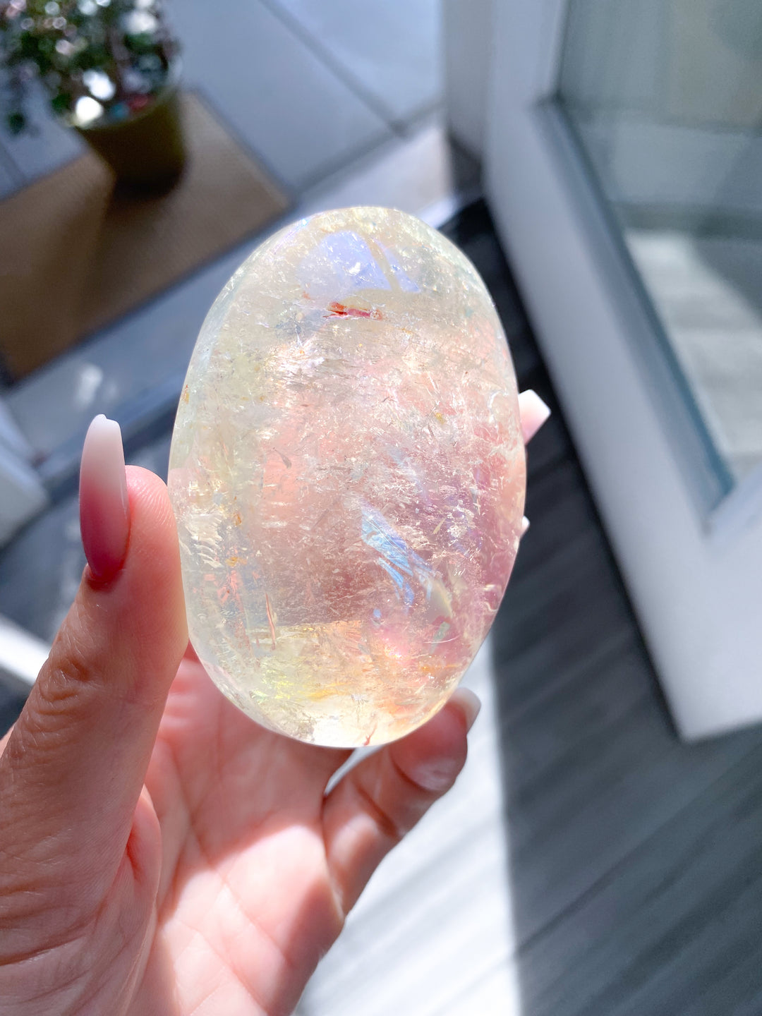 Jumbo Angel Aura Clear Quartz Palm Stone #2 - Inclusions