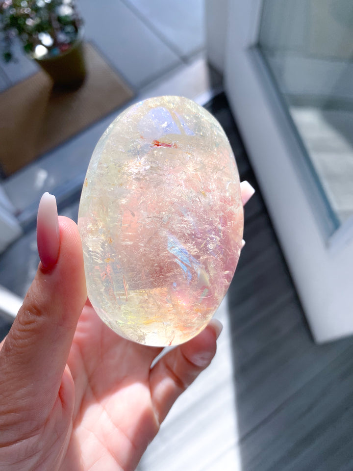 Jumbo Angel Aura Clear Quartz Palm Stone #2 - Inclusions