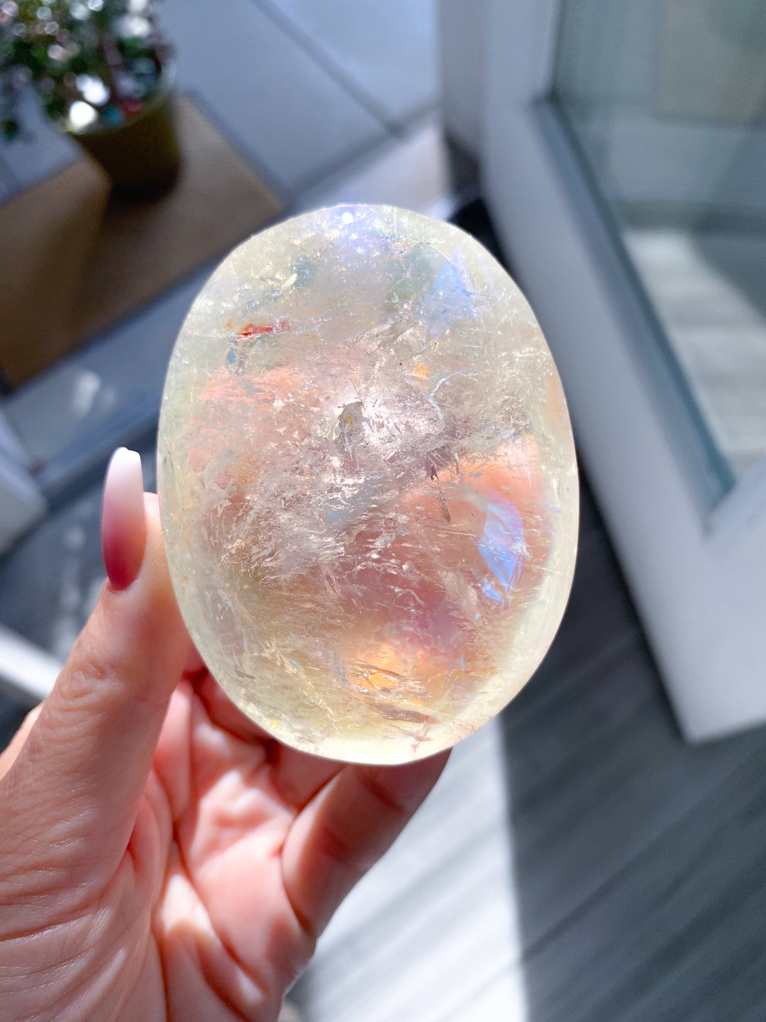 Jumbo Angel Aura Clear Quartz Palm Stone #2 - Inclusions