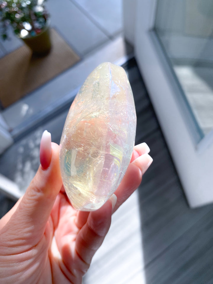 Jumbo Angel Aura Clear Quartz Palm Stone #2 - Inclusions