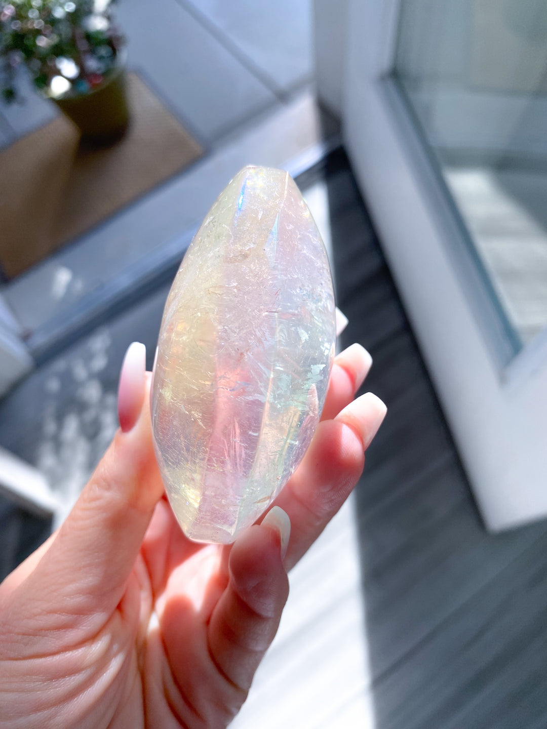 Jumbo Angel Aura Clear Quartz Palm Stone #2 - Inclusions