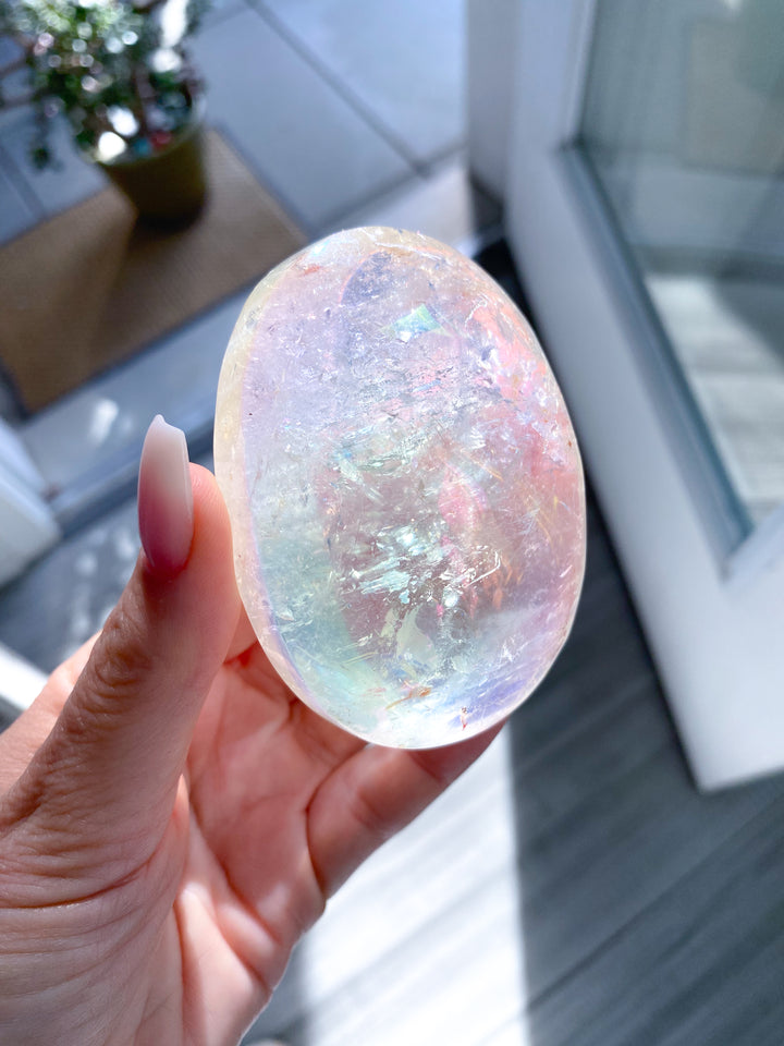 Jumbo Angel Aura Clear Quartz Palm Stone #2 - Inclusions