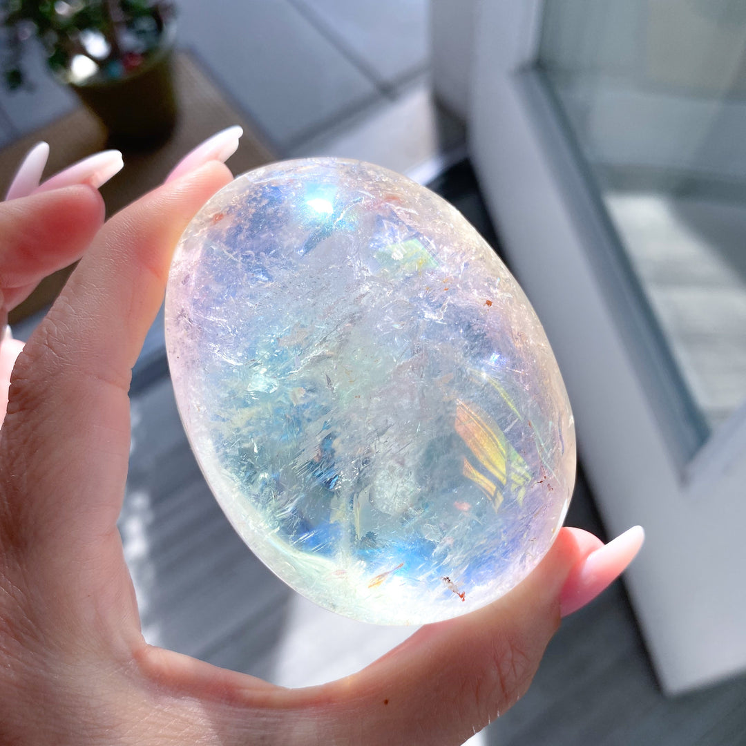 Jumbo Angel Aura Clear Quartz Palm Stone #2 - Inclusions