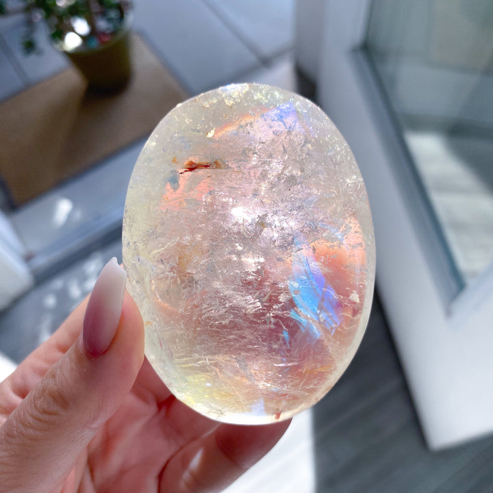 Jumbo Angel Aura Clear Quartz Palm Stone #2 - Inclusions
