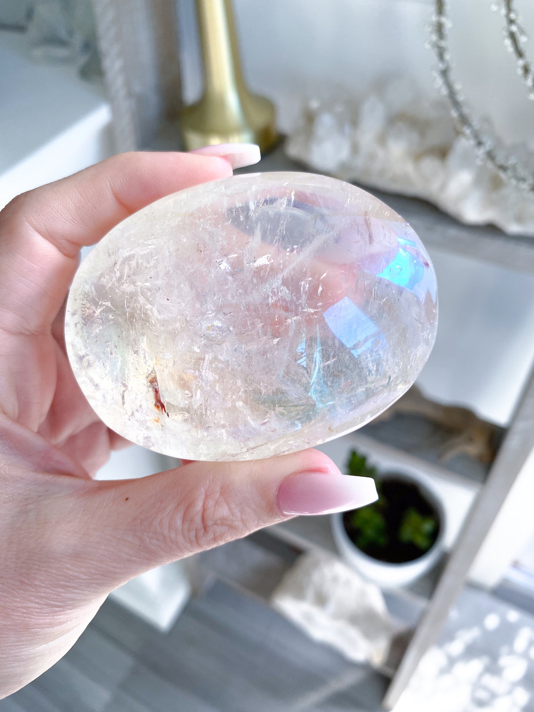 Jumbo Angel Aura Clear Quartz Palm Stone #2 - Inclusions