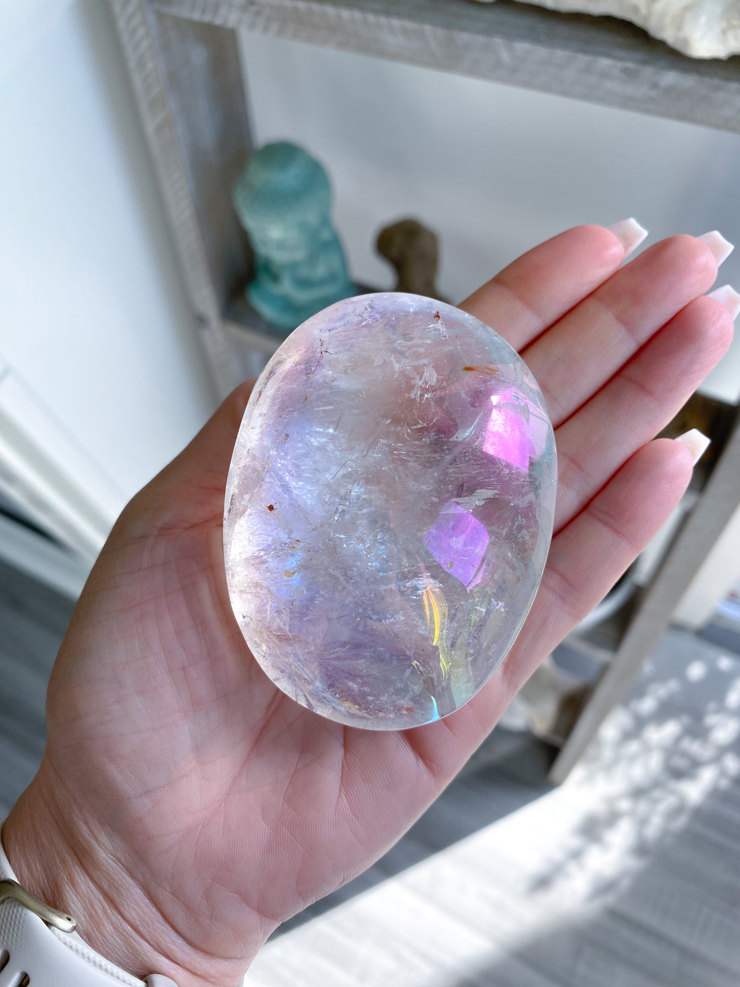 Jumbo Angel Aura Clear Quartz Palm Stone #2 - Inclusions