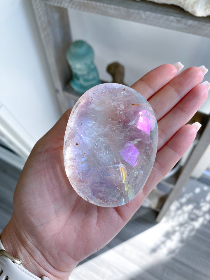 Jumbo Angel Aura Clear Quartz Palm Stone #2 - Inclusions
