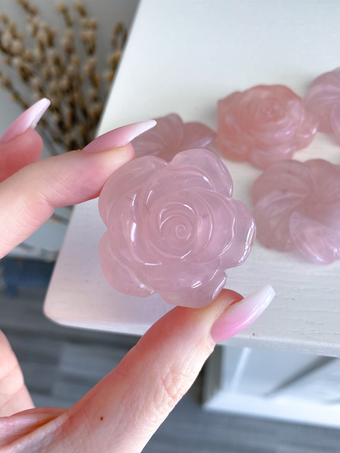 Rose Quartz Flower Carvings