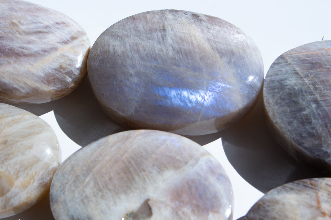 Blue FLASHY Moonstone Palm Stone - Belomorite