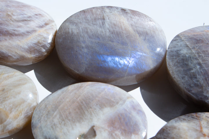 Blue FLASHY Moonstone Palm Stone - Belomorite