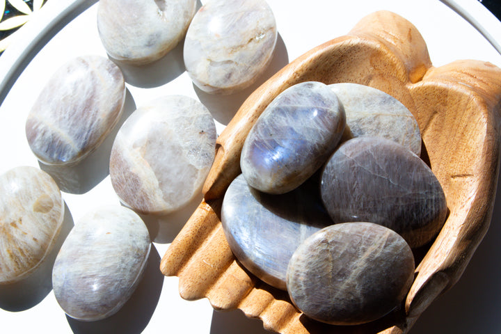 Blue FLASHY Moonstone Palm Stone - Belomorite