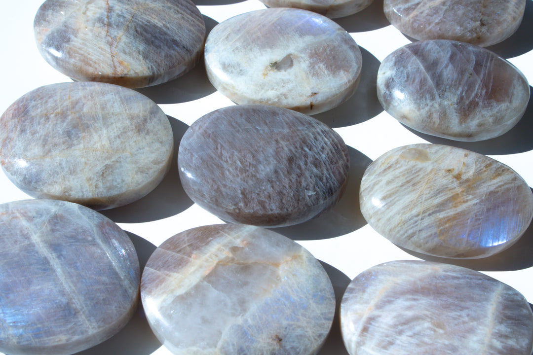 Blue FLASHY Moonstone Palm Stone - Belomorite