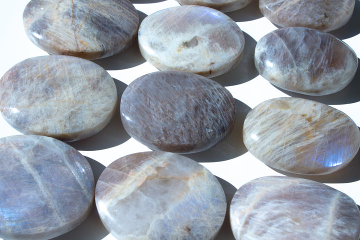 Blue FLASHY Moonstone Palm Stone - Belomorite