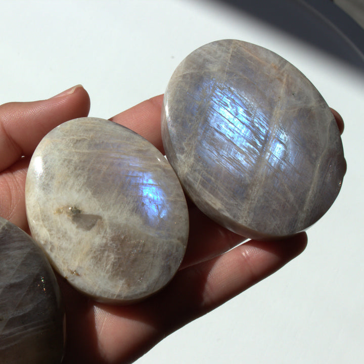Blue FLASHY Moonstone Palm Stone - Belomorite