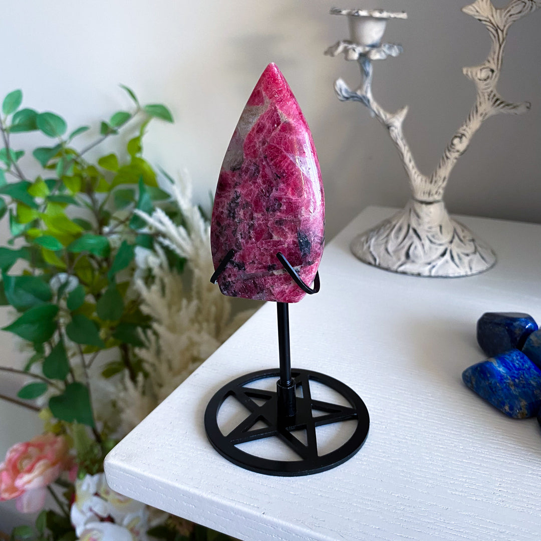 Rhodonite Flame on Pentacle Stand