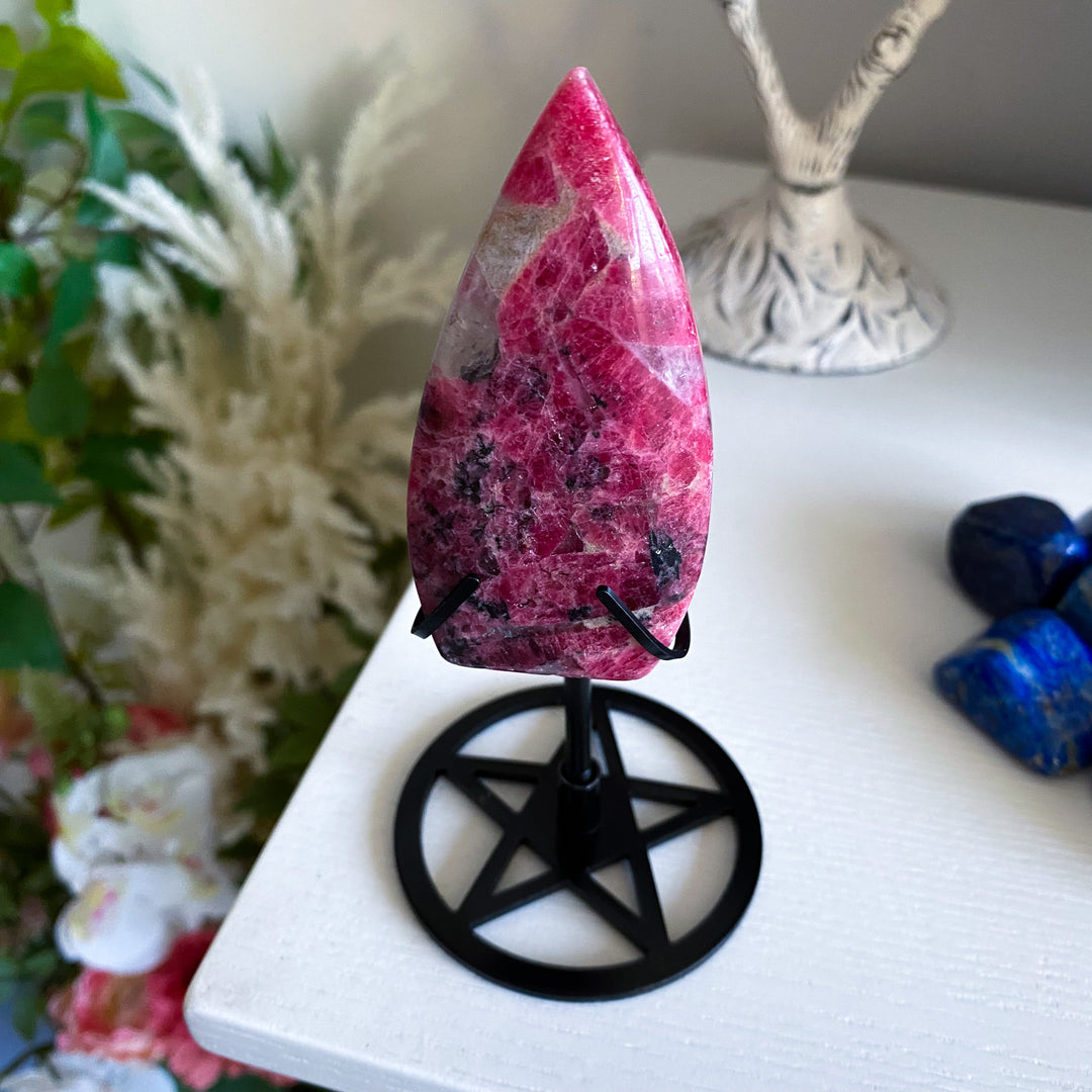 Rhodonite Flame on Pentacle Stand