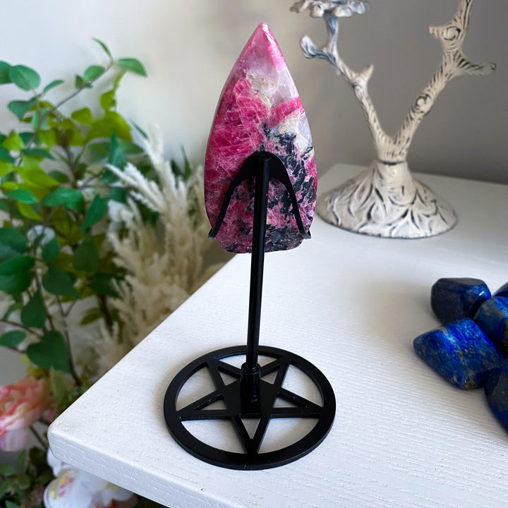 Rhodonite Flame on Pentacle Stand