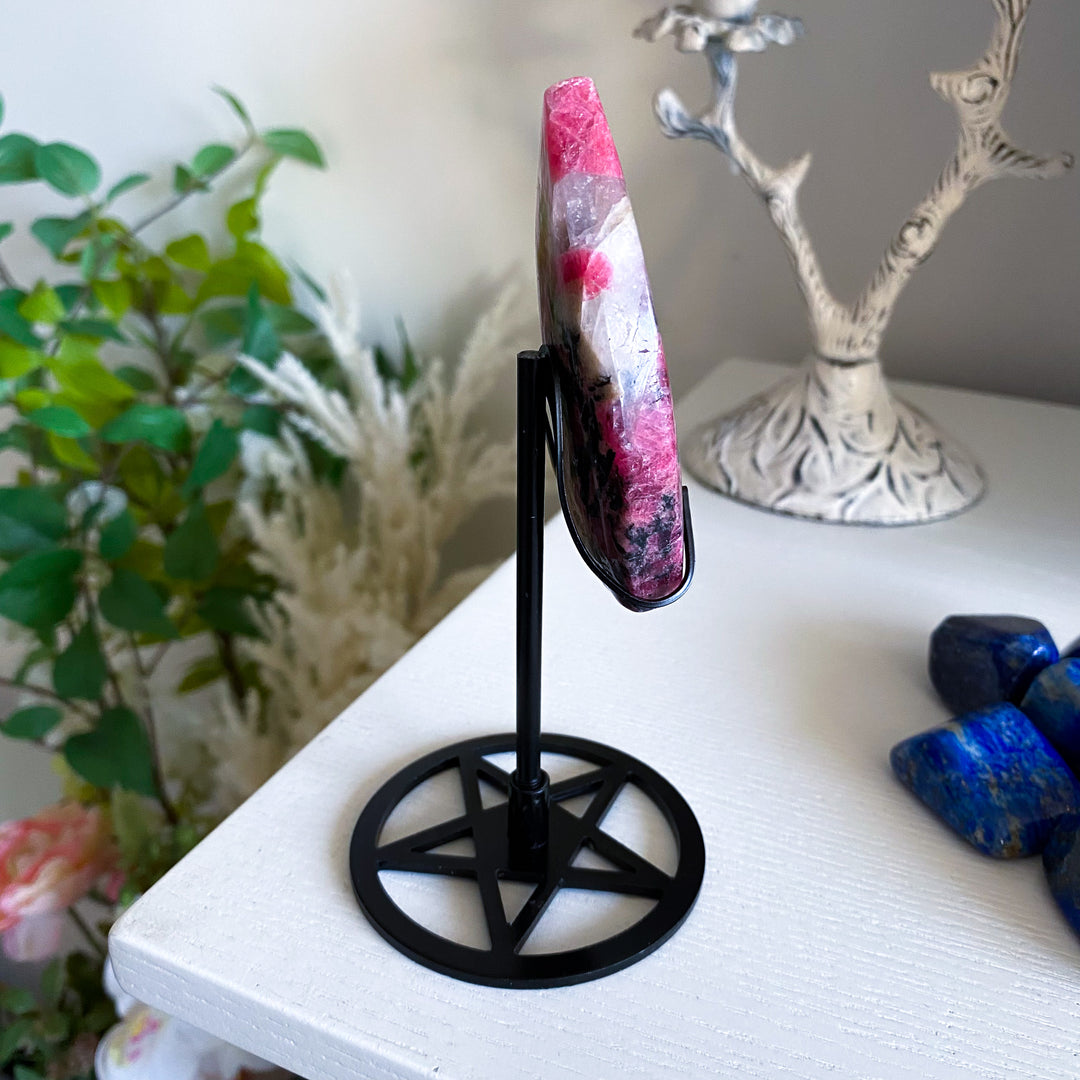 Rhodonite Flame on Pentacle Stand