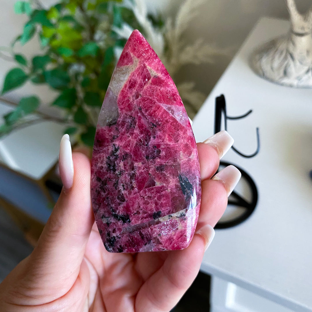 Rhodonite Flame on Pentacle Stand