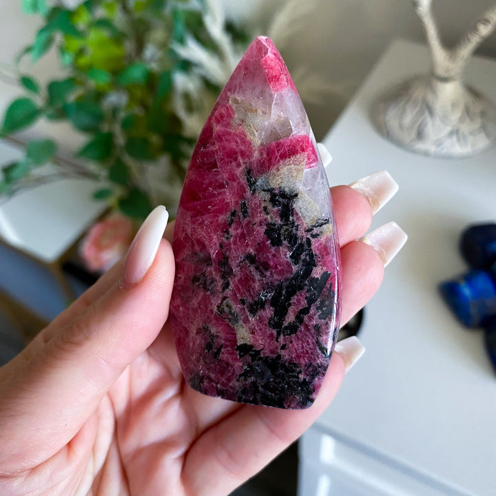 Rhodonite Flame on Pentacle Stand
