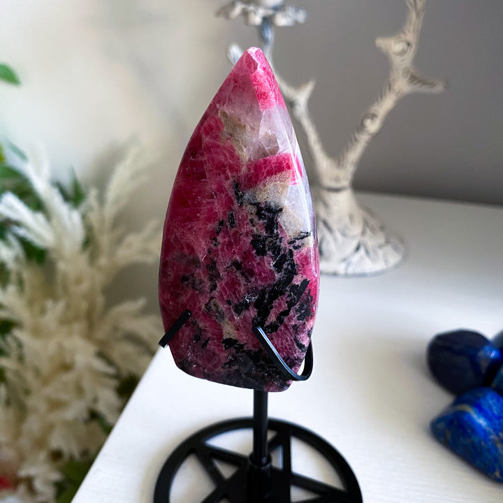 Rhodonite Flame on Pentacle Stand