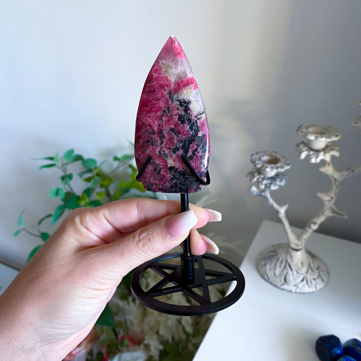 Rhodonite Flame on Pentacle Stand