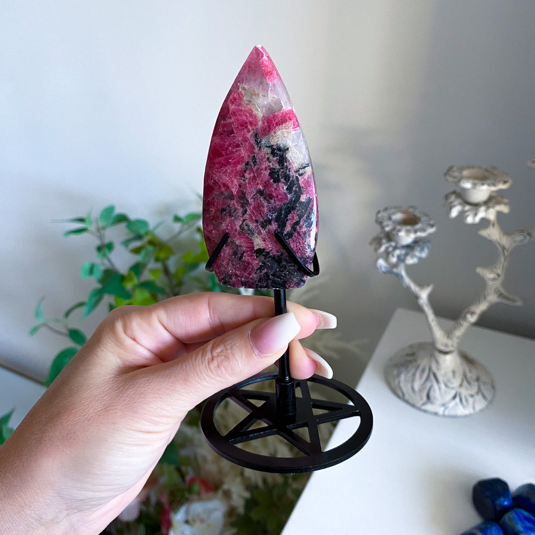 Rhodonite Flame on Pentacle Stand