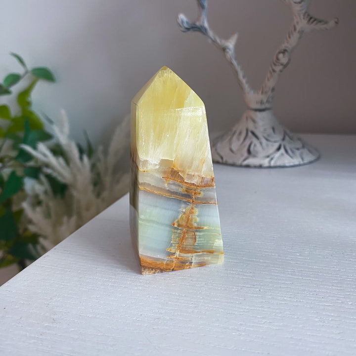 Rare: Lemon Calcite with Green Onyx Tower