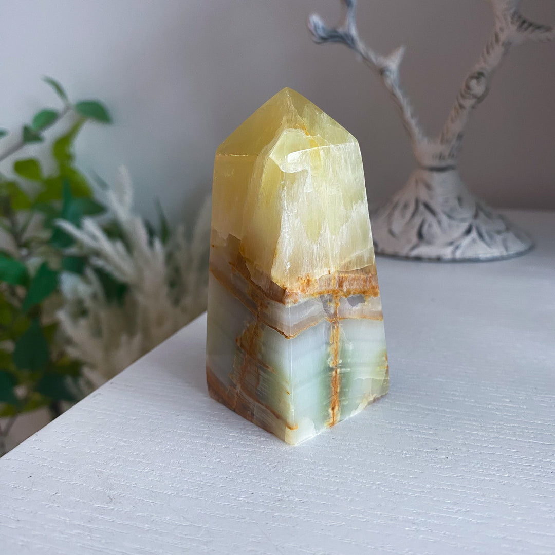 Rare: Lemon Calcite with Green Onyx Tower