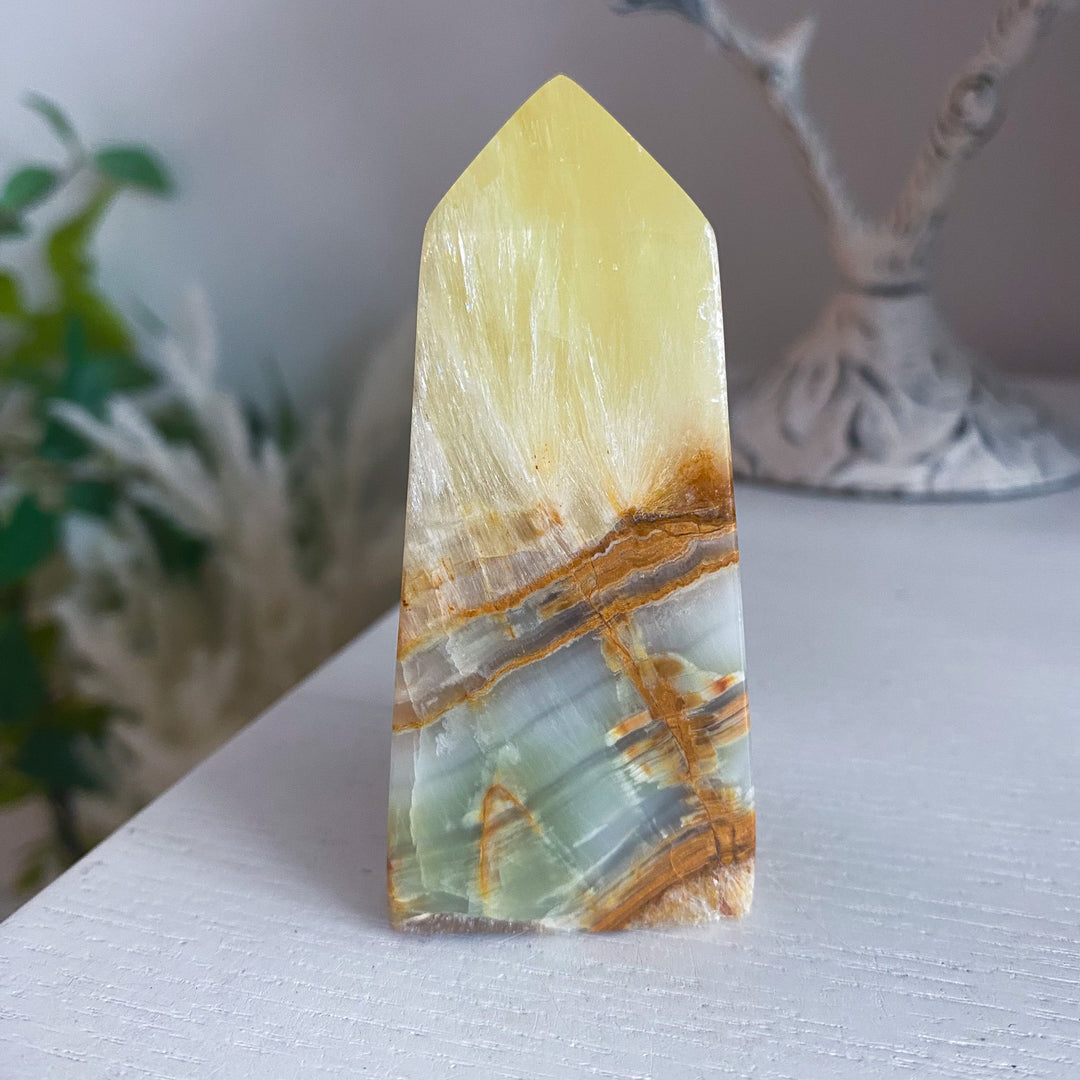 Rare: Lemon Calcite with Green Onyx Tower