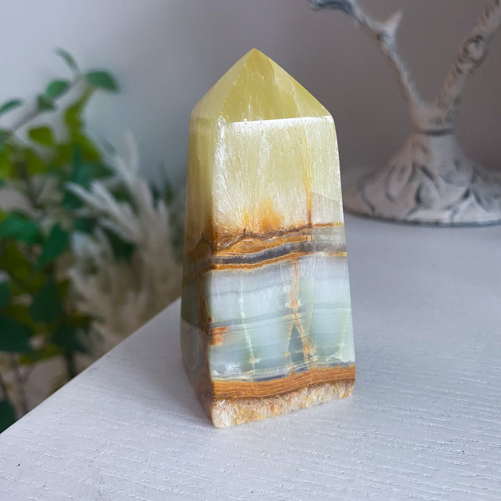 Rare: Lemon Calcite with Green Onyx Tower