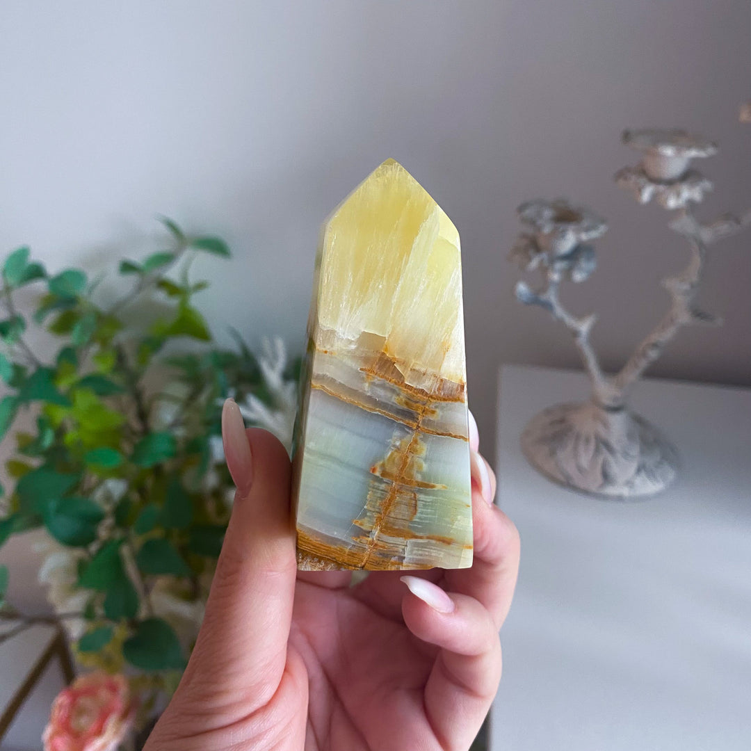 Rare: Lemon Calcite with Green Onyx Tower