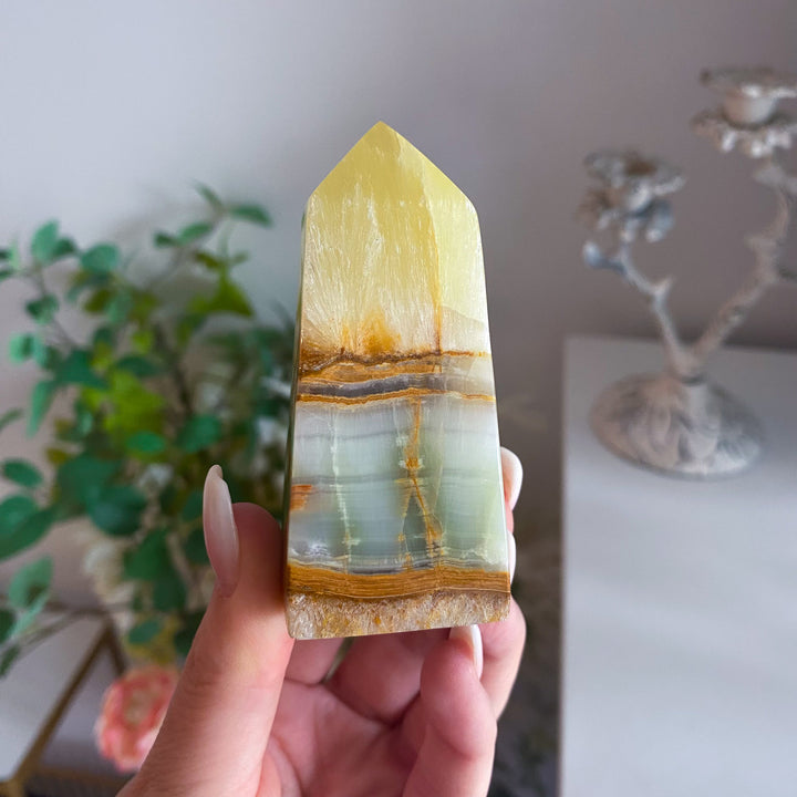 Rare: Lemon Calcite with Green Onyx Tower