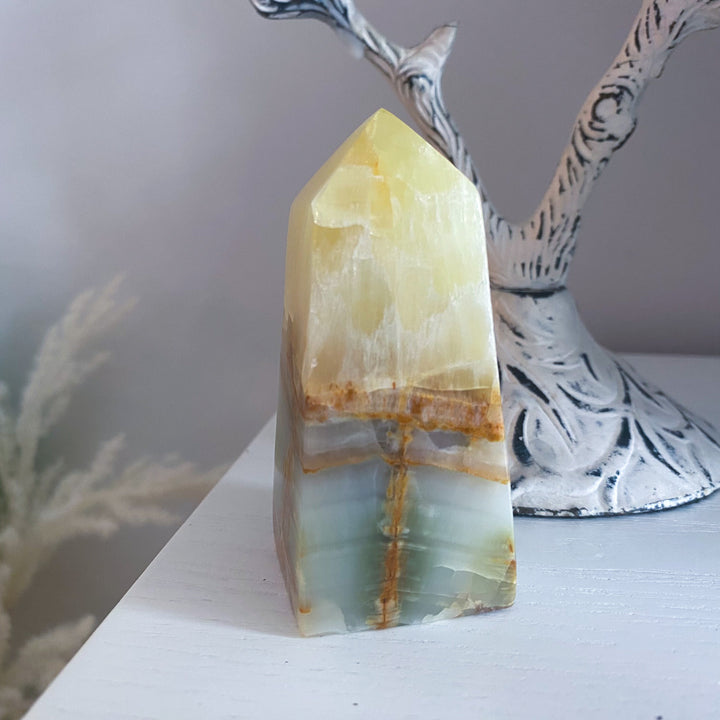 Rare: Lemon Calcite with Green Onyx Tower