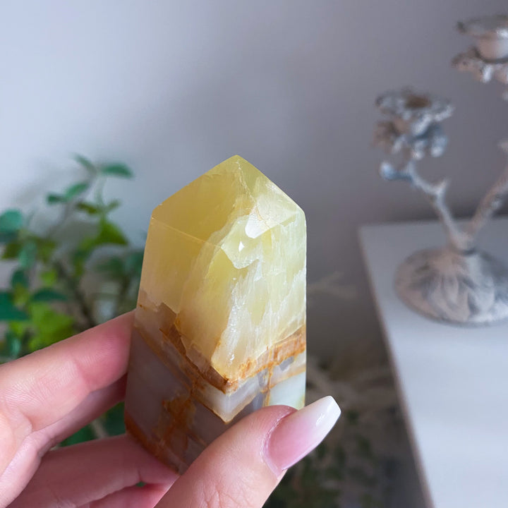 Rare: Lemon Calcite with Green Onyx Tower