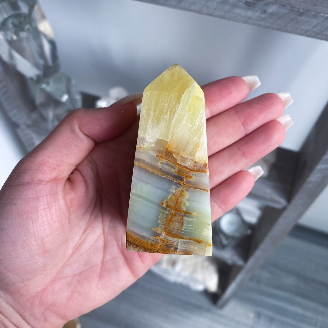 Rare: Lemon Calcite with Green Onyx Tower