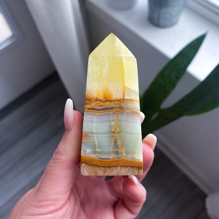 Rare: Lemon Calcite with Green Onyx Tower