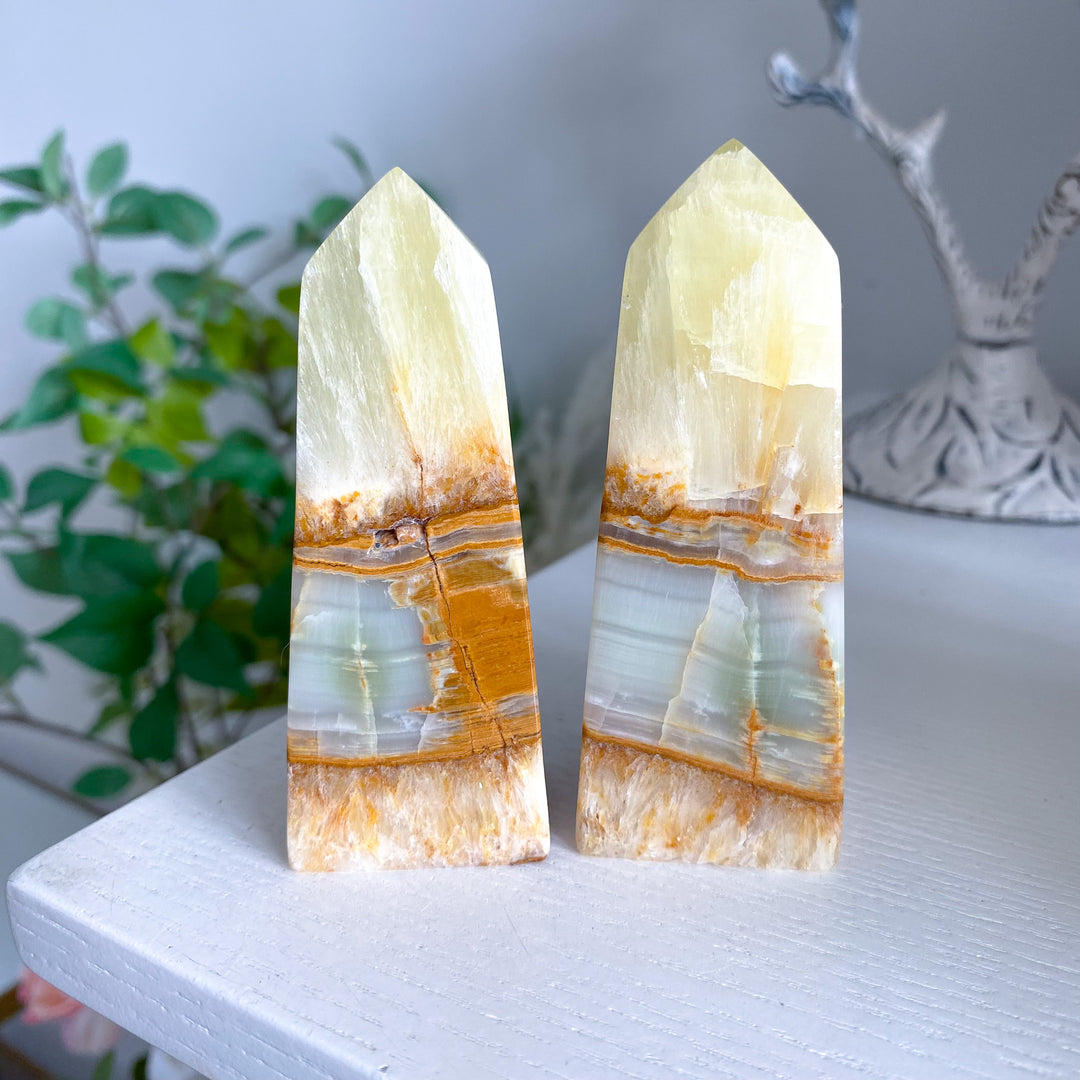 Rare: Lemon Calcite with Green Onyx Tower