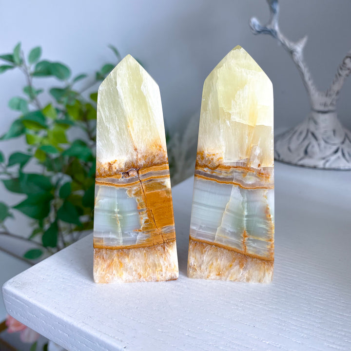 Rare: Lemon Calcite with Green Onyx Tower