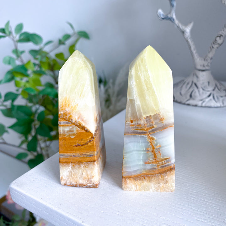 Rare: Lemon Calcite with Green Onyx Tower