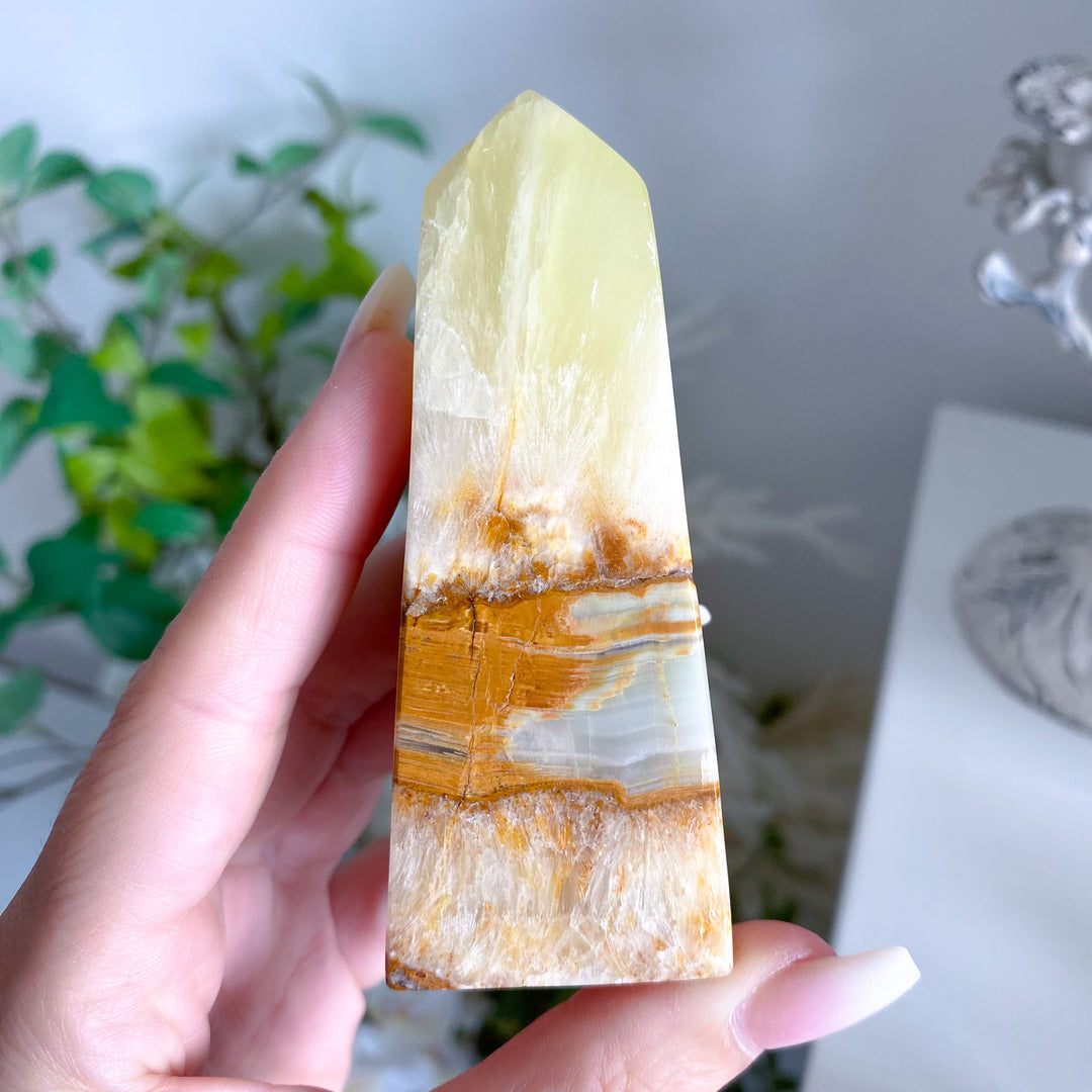 Rare: Lemon Calcite with Green Onyx Tower