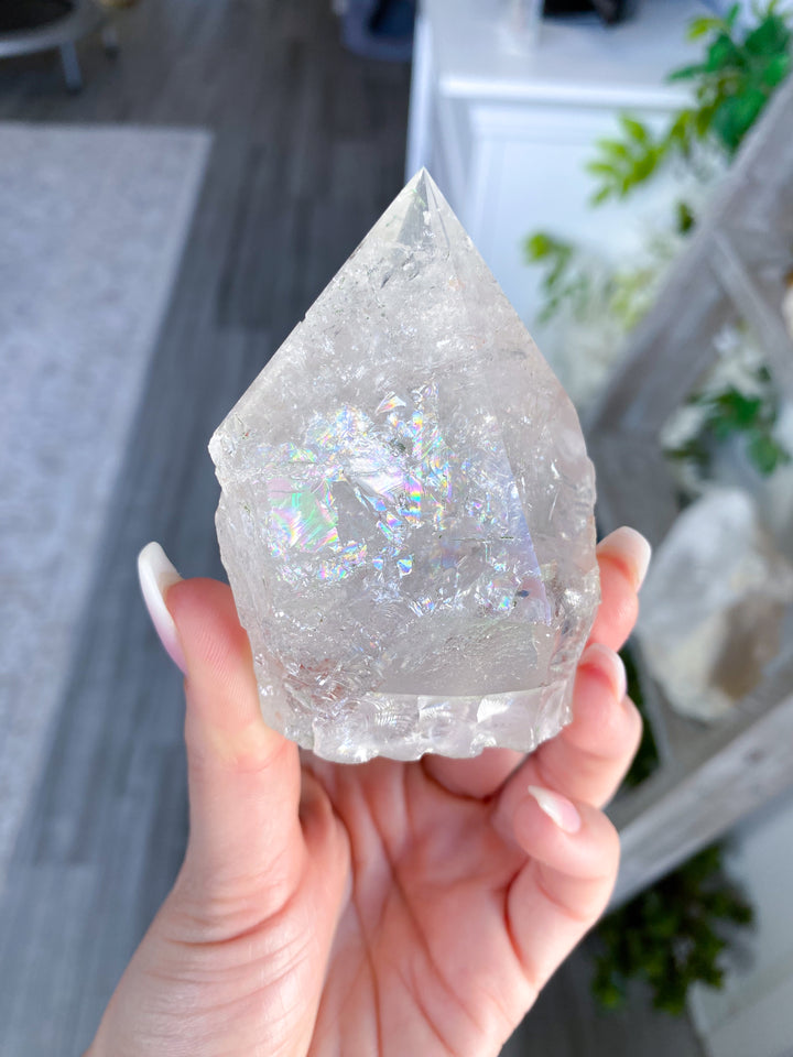 Clear Quartz Top Polish Point w/ Rainbows, Inclusions