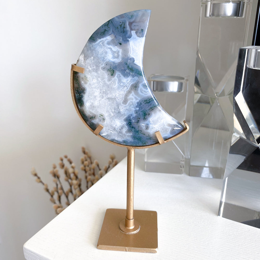 Green Moss Agate Moon on Custom Stand #2